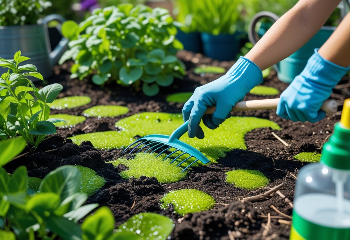 Hands wearing gloves removing green algae from garden soil with gardening tools nearby.