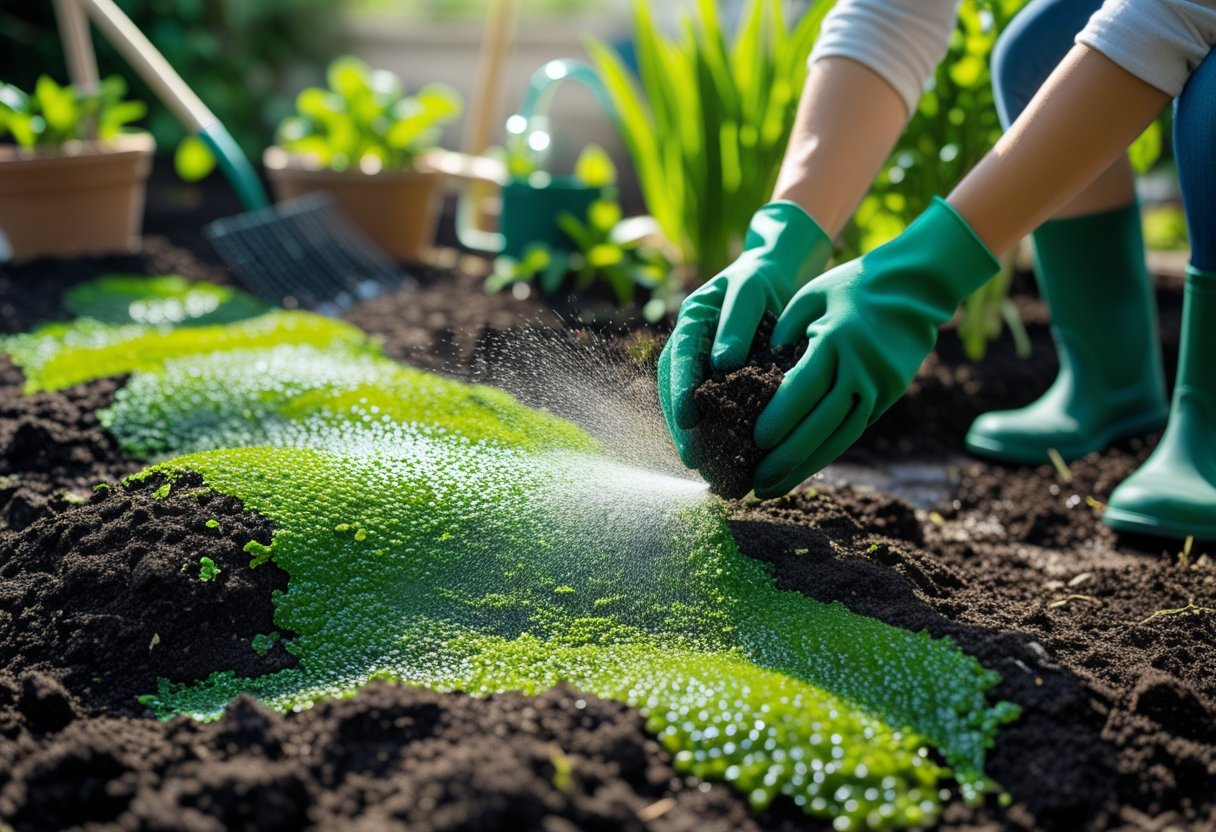 Close-up of soil with green algae growth and a gardener applying treatment to remove algae using gardening tools. How to Get Rid of Algae in Soil