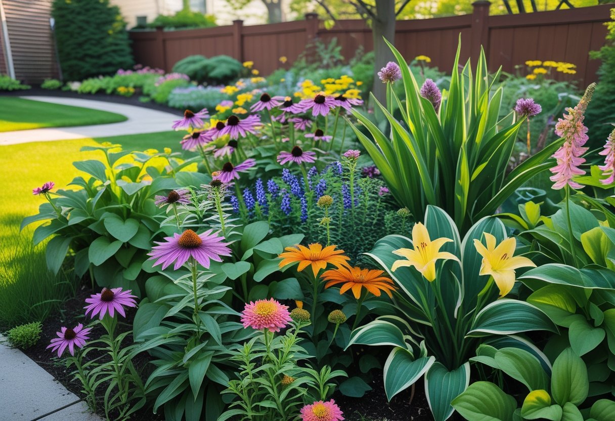 A backyard garden with various colorful perennial flowers and green plants growing together under sunlight.