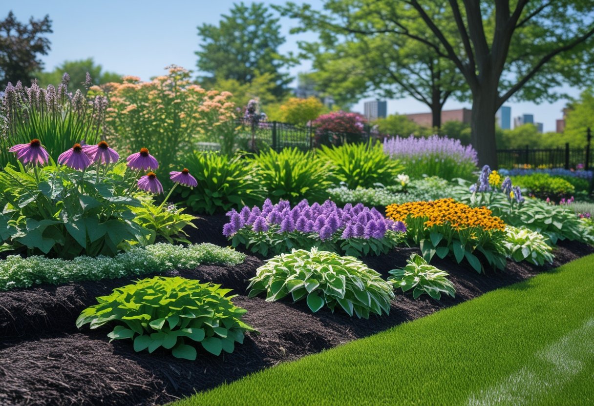 A vibrant perennial garden with colorful flowers and green plants under a clear blue sky.