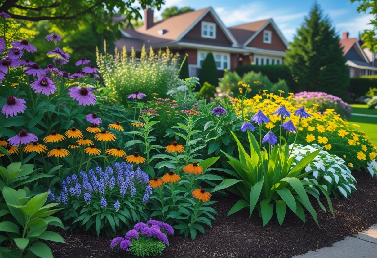 A colorful garden with a variety of blooming perennial plants and green foliage in front of a suburban home under a clear blue sky.