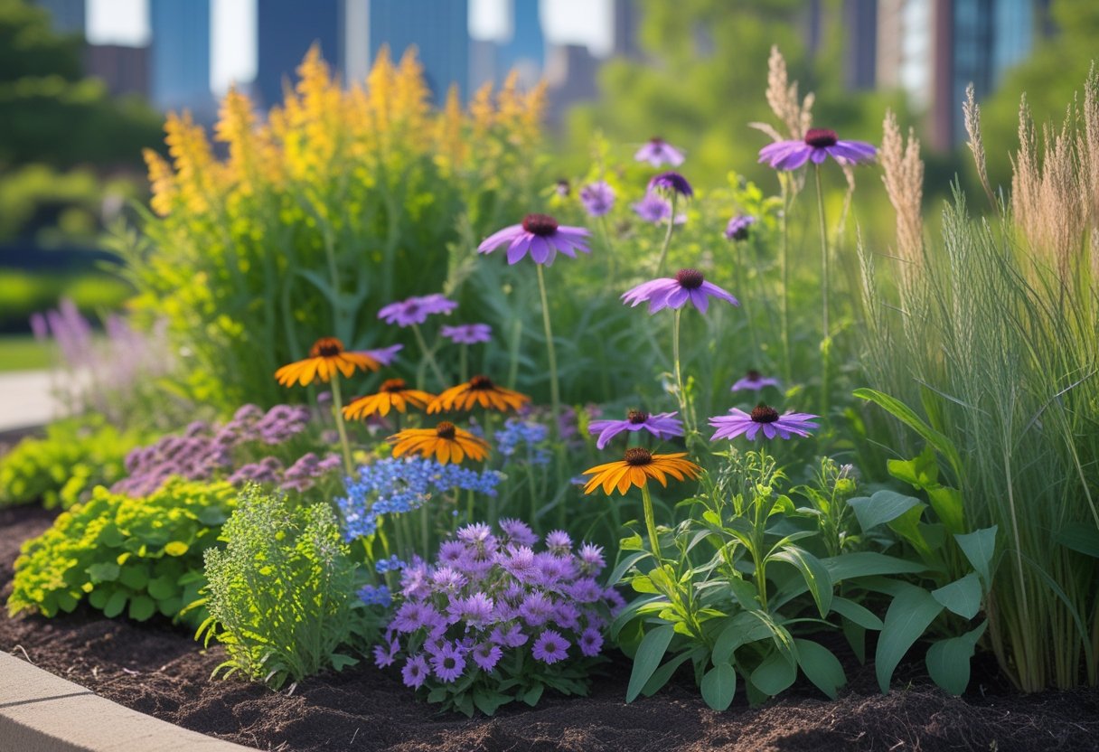 A vibrant garden with native flowering perennial plants growing in an urban Chicago area with blurred city buildings in the background.