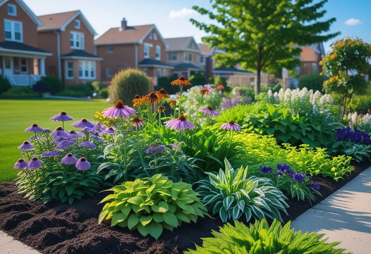 A colorful perennial garden with blooming flowers and green plants in a suburban Chicago neighborhood under a clear sky.