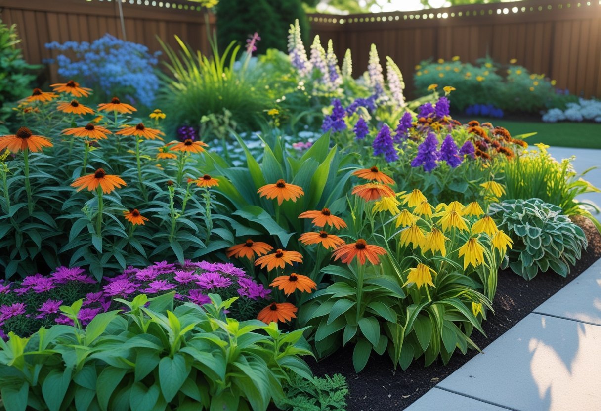 A garden bed with colorful perennial flowers and green plants under a clear blue sky in a suburban backyard.