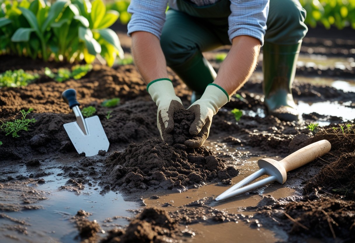 Person kneeling outdoors examining muddy soil with gardening tools nearby in a natural garden setting. How to Harden Muddy Soil