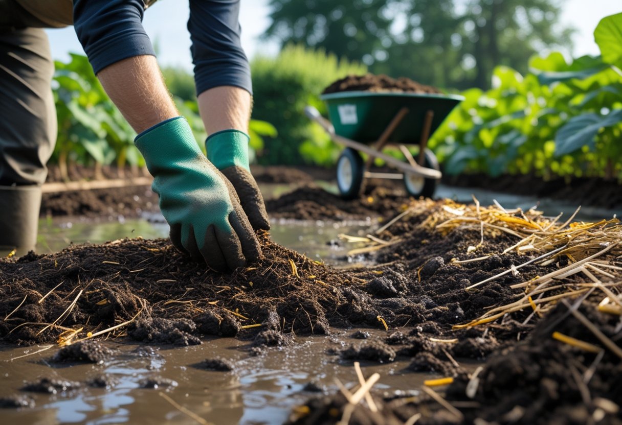A person wearing gloves spreading mulch on muddy soil in a garden with gardening tools nearby.