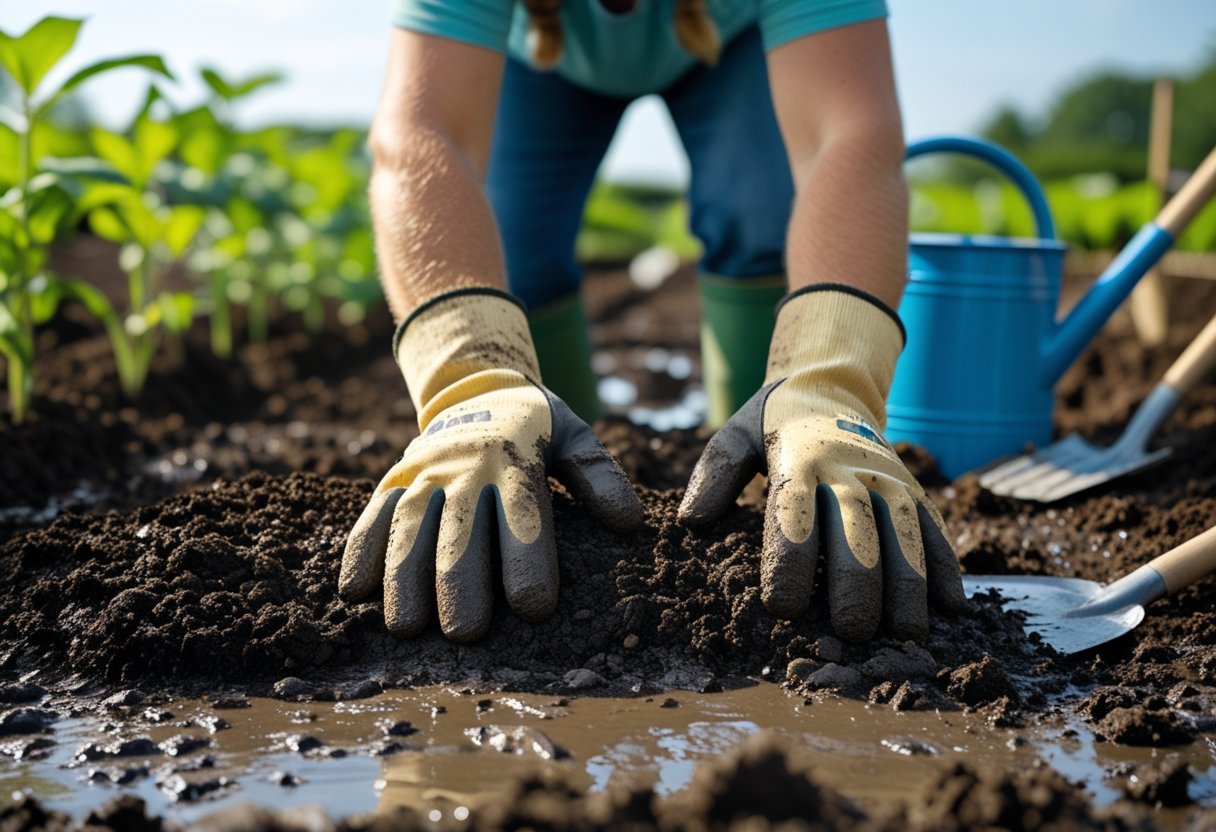 Hands wearing gloves compacting muddy soil outdoors with gardening tools nearby and green plants in the background.