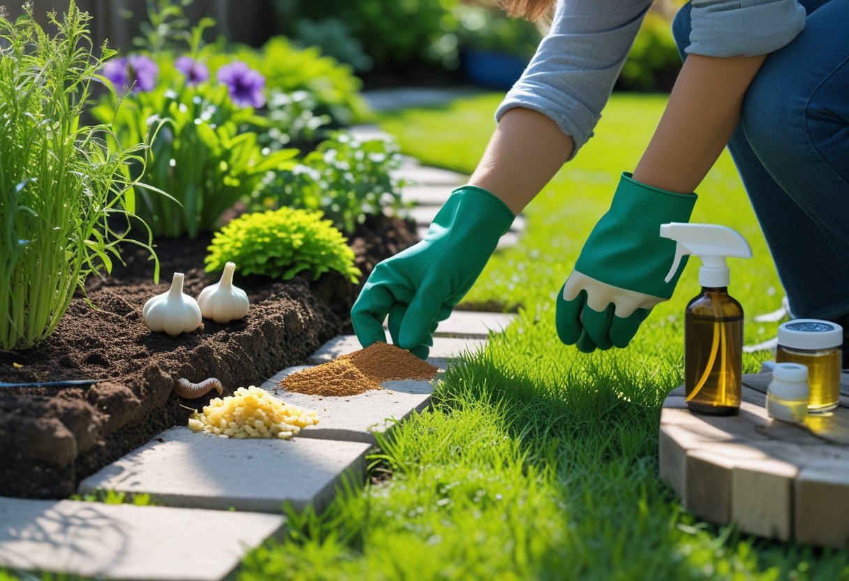 A person placing natural deterrents around a garden bed in a sunny garden with green plants and flowers. How to Get Rid of Garter Snakes in My Garden