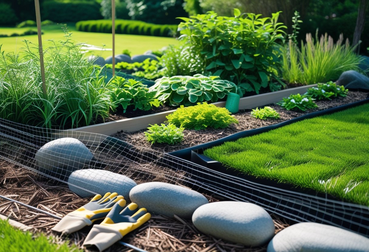 A well-maintained garden with trimmed grass, raised beds, stones, mulch, and a wire mesh fence to prevent snakes, with gardening tools on the ground.