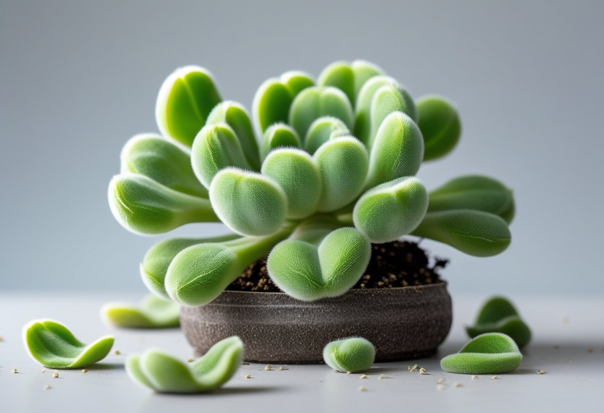 Close-up of a bear paw succulent with some leaves falling off and scattered around the plant. Bear Paw Succulent Leaves Falling Off