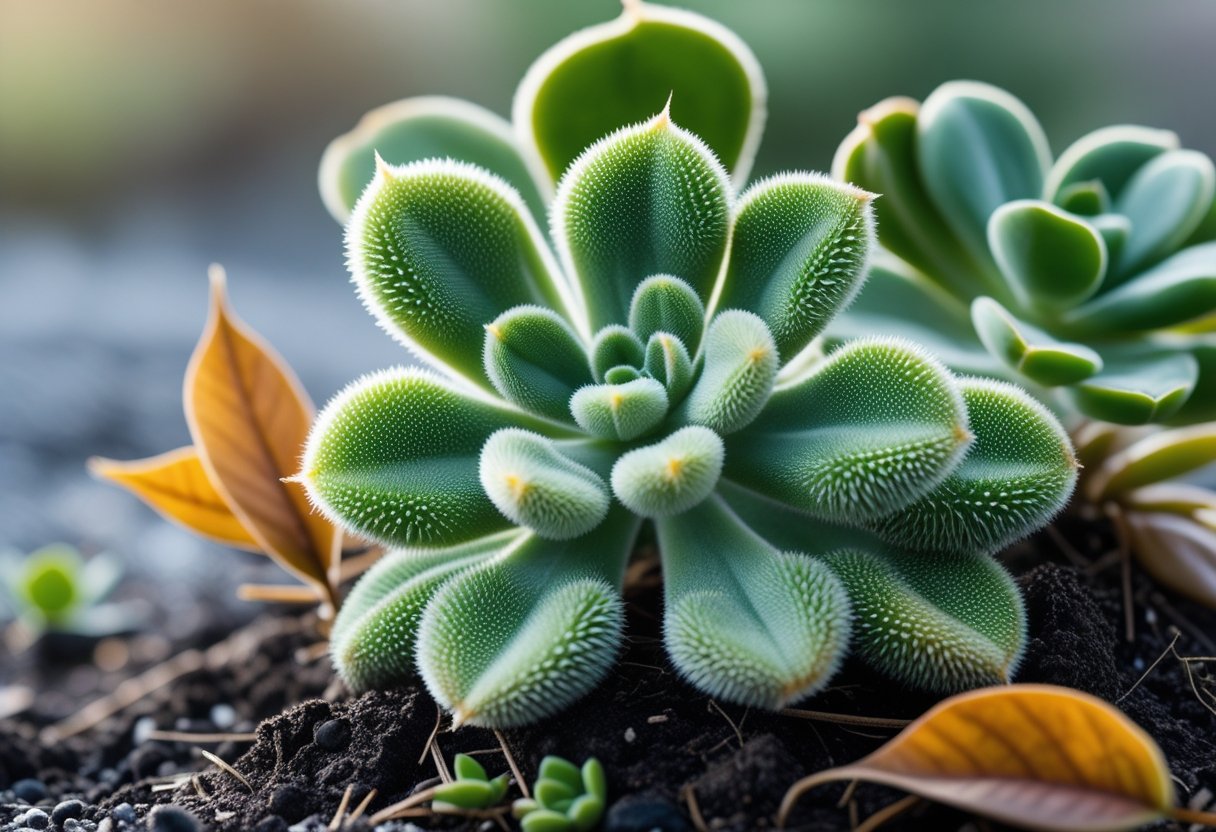 Close-up of a bear paw succulent plant with some leaves falling off onto the soil below.