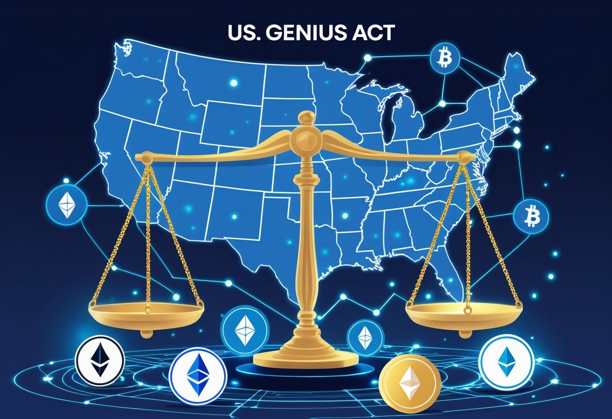 A map of the United States with government buildings in the background and interconnected altcoin symbols linked by glowing blockchain networks, alongside a balanced scale representing regulation and support.