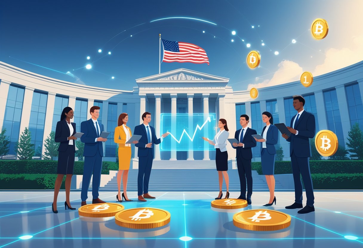 A group of professionals discussing cryptocurrency charts with digital altcoin symbols floating around, set in front of a government building with an American flag.