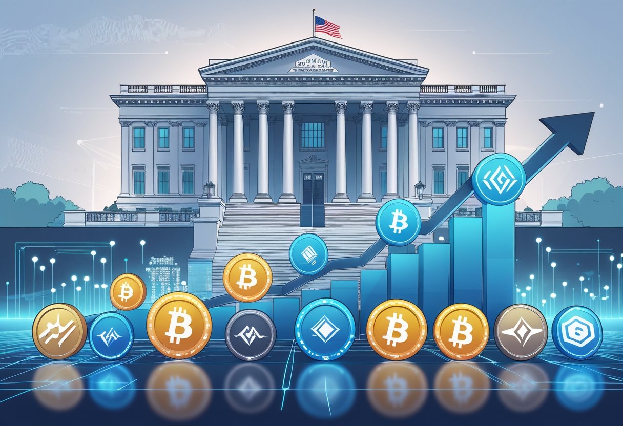 A government building with the American flag behind glowing altcoin symbols rising on an upward graph line surrounded by digital and blockchain elements.