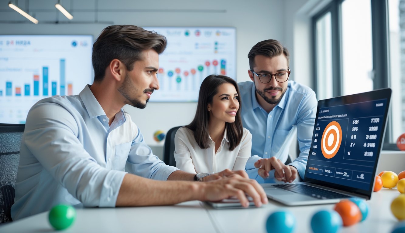 Dua orang dewasa muda bekerja bersama di kantor dengan laptop yang menampilkan grafik dan angka, menggambarkan prediksi akurat untuk situs togel online terpercaya.