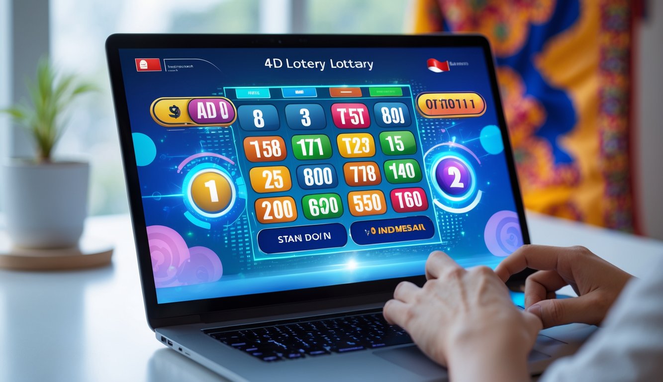 Seseorang menggunakan laptop atau ponsel untuk bermain togel 4D online dengan latar belakang motif batik Indonesia.