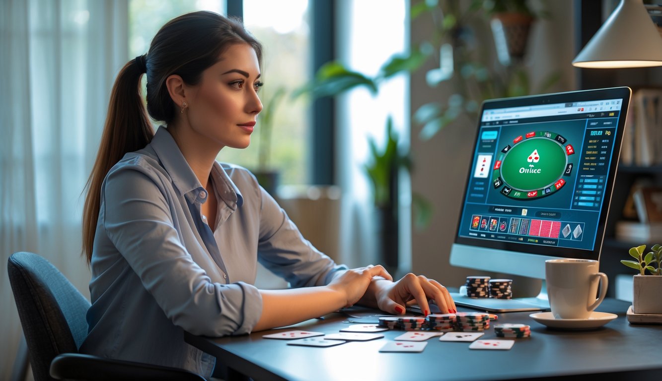Seorang wanita muda duduk di meja dengan laptop dan kartu poker, fokus bermain poker online di ruang kerja yang nyaman.