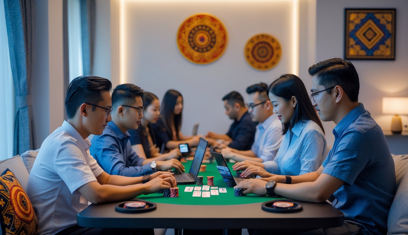 Sekelompok orang bermain poker online di ruangan yang nyaman dengan elemen budaya Indonesia.