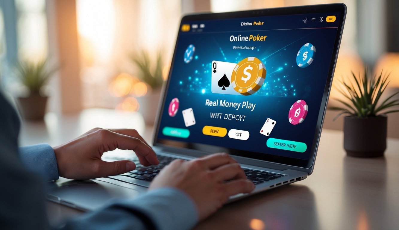 Seseorang menggunakan komputer untuk bermain poker online dengan tampilan antarmuka poker di layar.
