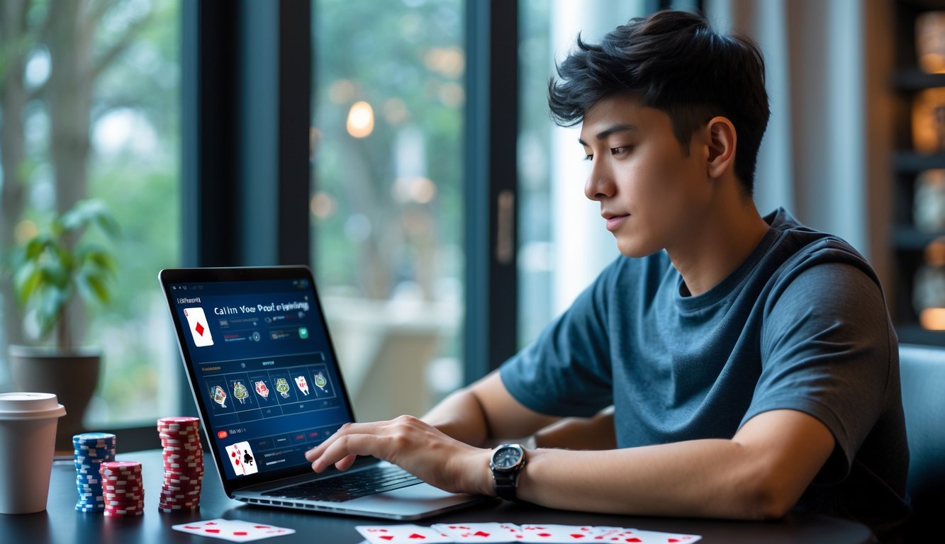 Seorang dewasa muda duduk di meja dengan laptop, kartu poker, dan chip poker, sedang belajar strategi poker online.