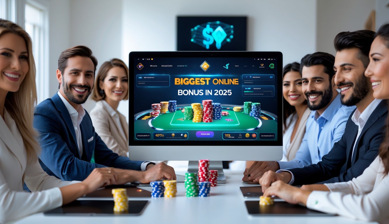 Sekelompok orang dewasa yang tersenyum bermain poker online di depan komputer di sebuah ruangan modern.