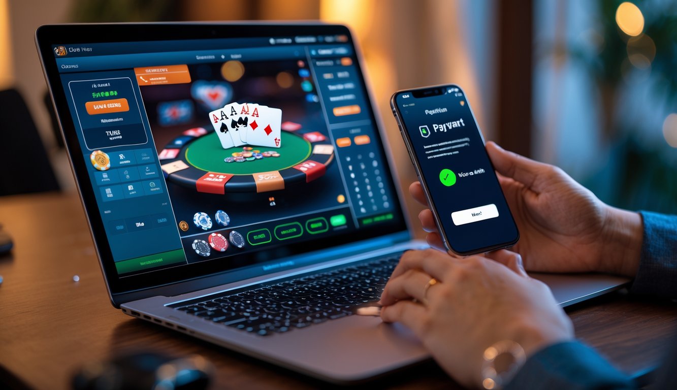 Seorang pengguna bermain poker online di laptop dengan ponsel di tangan yang menampilkan notifikasi pembayaran cepat.