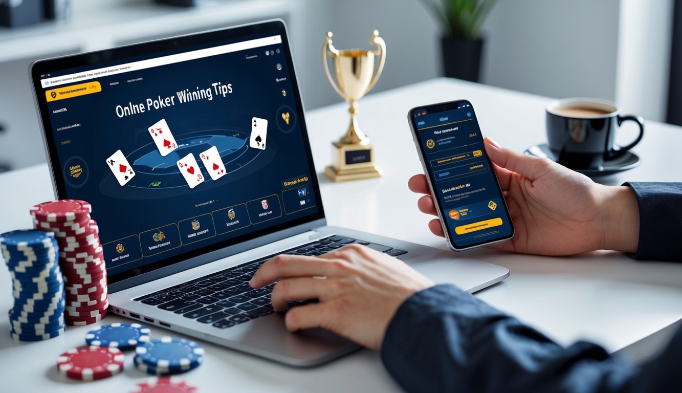 Seseorang bermain poker online di depan laptop dengan kartu dan tumpukan chip poker di meja.