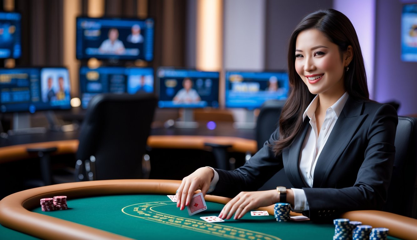 Seorang dealer poker wanita tersenyum duduk di meja poker hijau dengan tumpukan chip dan peralatan streaming di latar belakang.