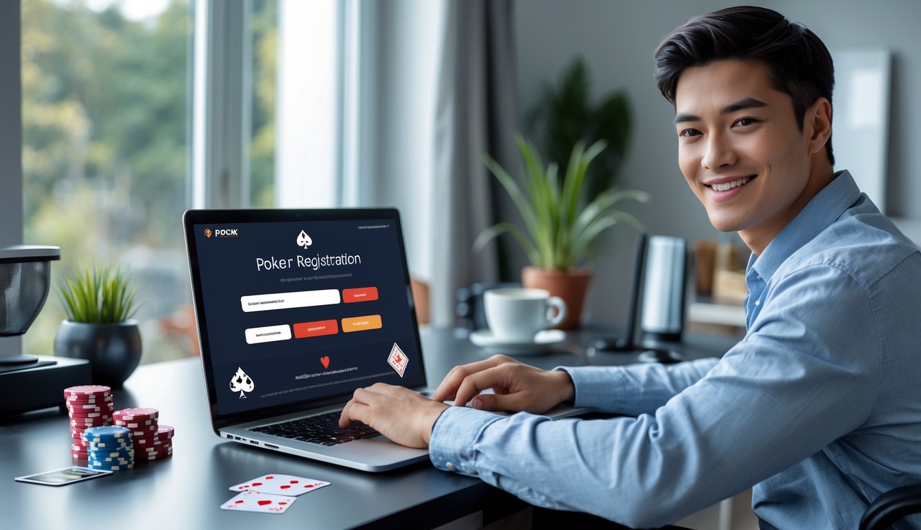 Seseorang duduk di meja dengan laptop membuka situs pendaftaran poker online, dikelilingi oleh chip poker dan kartu remi.