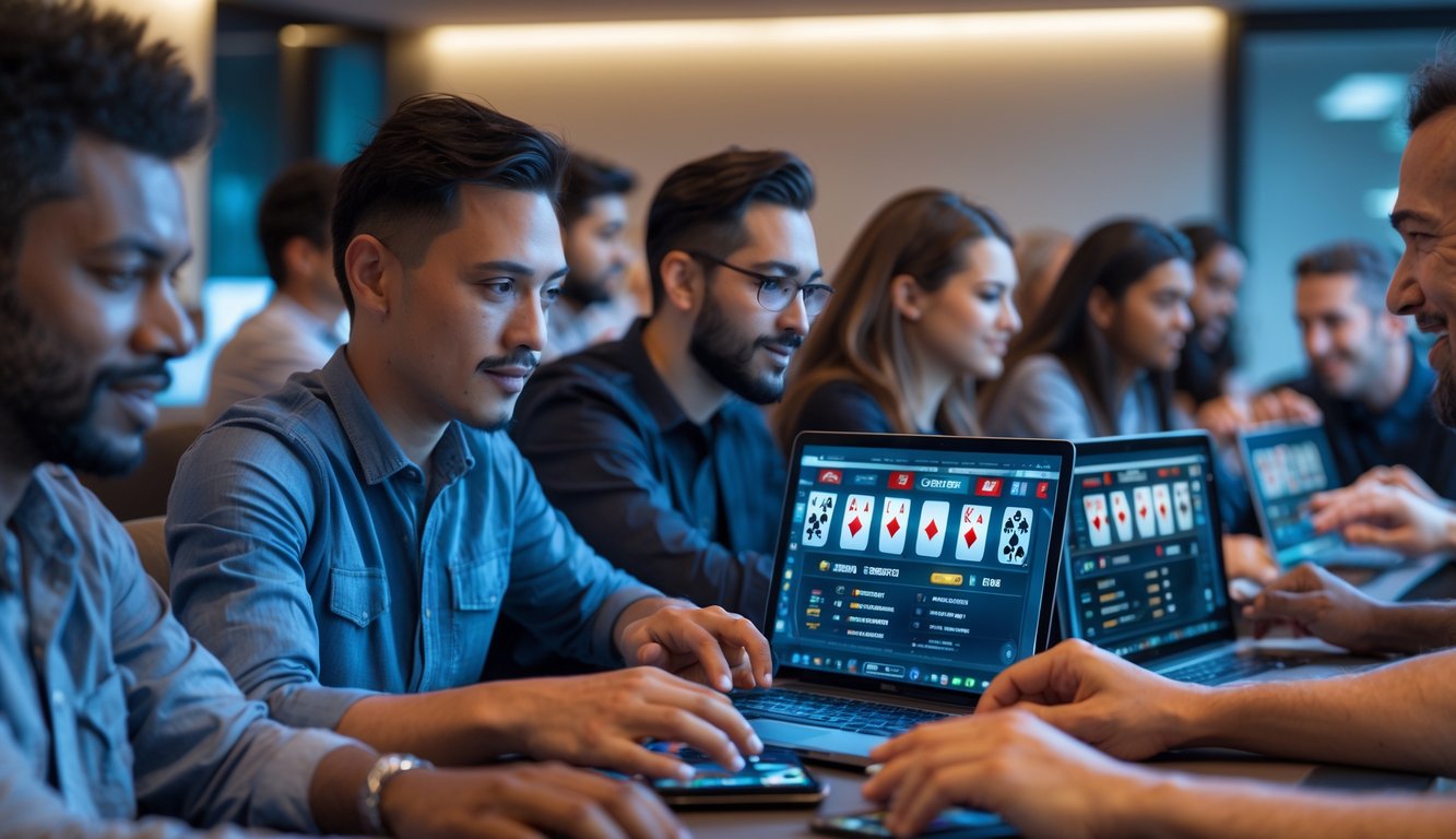 Beberapa pemain poker online sedang bermain bersama menggunakan laptop dan tablet di ruangan yang modern dan terang.