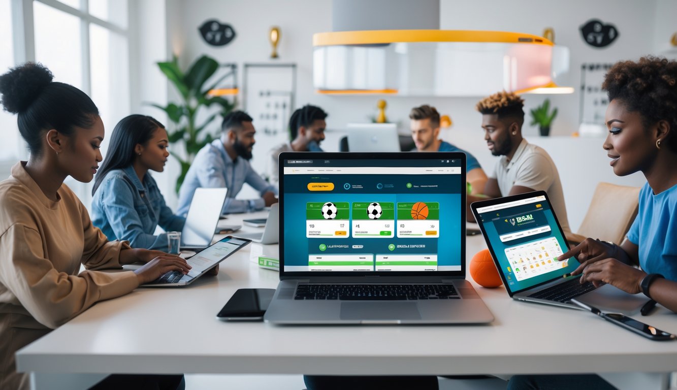 Orang-orang menggunakan perangkat digital untuk taruhan olahraga online di ruang kerja modern yang terang dan rapi.