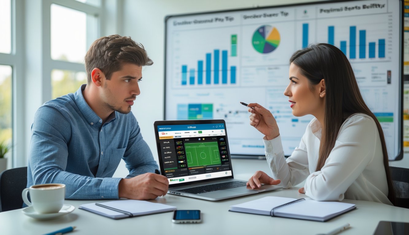 Dua orang muda duduk di meja kerja, melihat layar laptop dengan data olahraga, berdiskusi dan mencatat strategi taruhan.