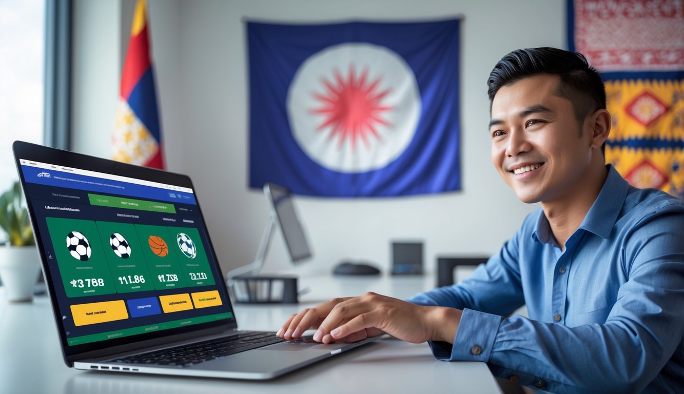 Seorang pria di depan laptop dengan ikon olahraga di layar, di ruang kerja modern dengan elemen budaya Indonesia.