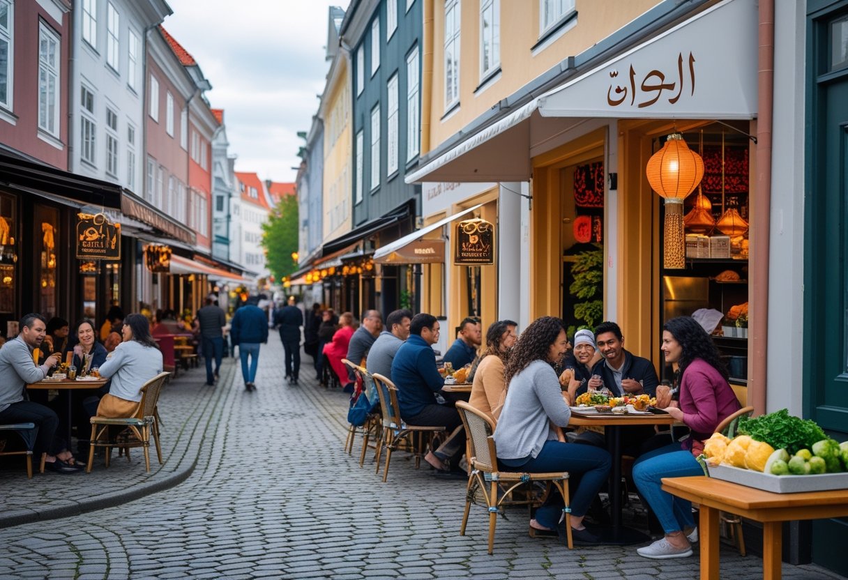 People enjoying meals at outdoor tables in a lively Copenhagen neighborhood with diverse halal food restaurants and charming European architecture.