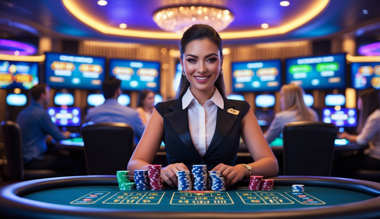 Seorang dealer profesional di meja kasino dengan chip dan kartu, dikelilingi layar digital yang menampilkan permainan kasino dan taruhan langsung.