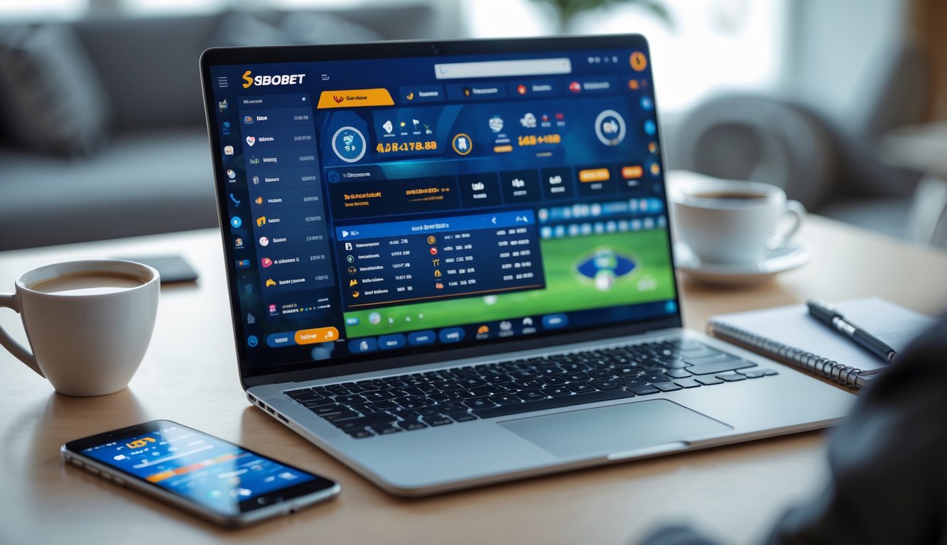 Seorang pria menggunakan laptop dan smartphone untuk taruhan olahraga online di meja kerja modern.