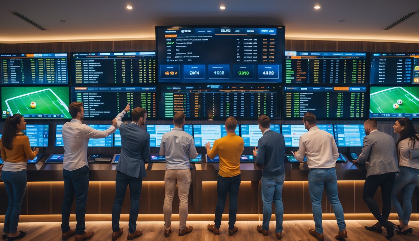 Sekelompok orang sedang melihat layar besar yang menampilkan statistik dan peluang taruhan sepak bola di sebuah ruang taruhan olahraga modern.