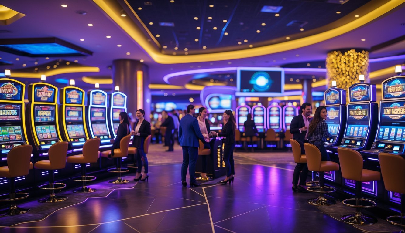 Suasana kasino modern dengan mesin slot berwarna-warni dan orang-orang bermain di lantai kasino yang luas dan terang.