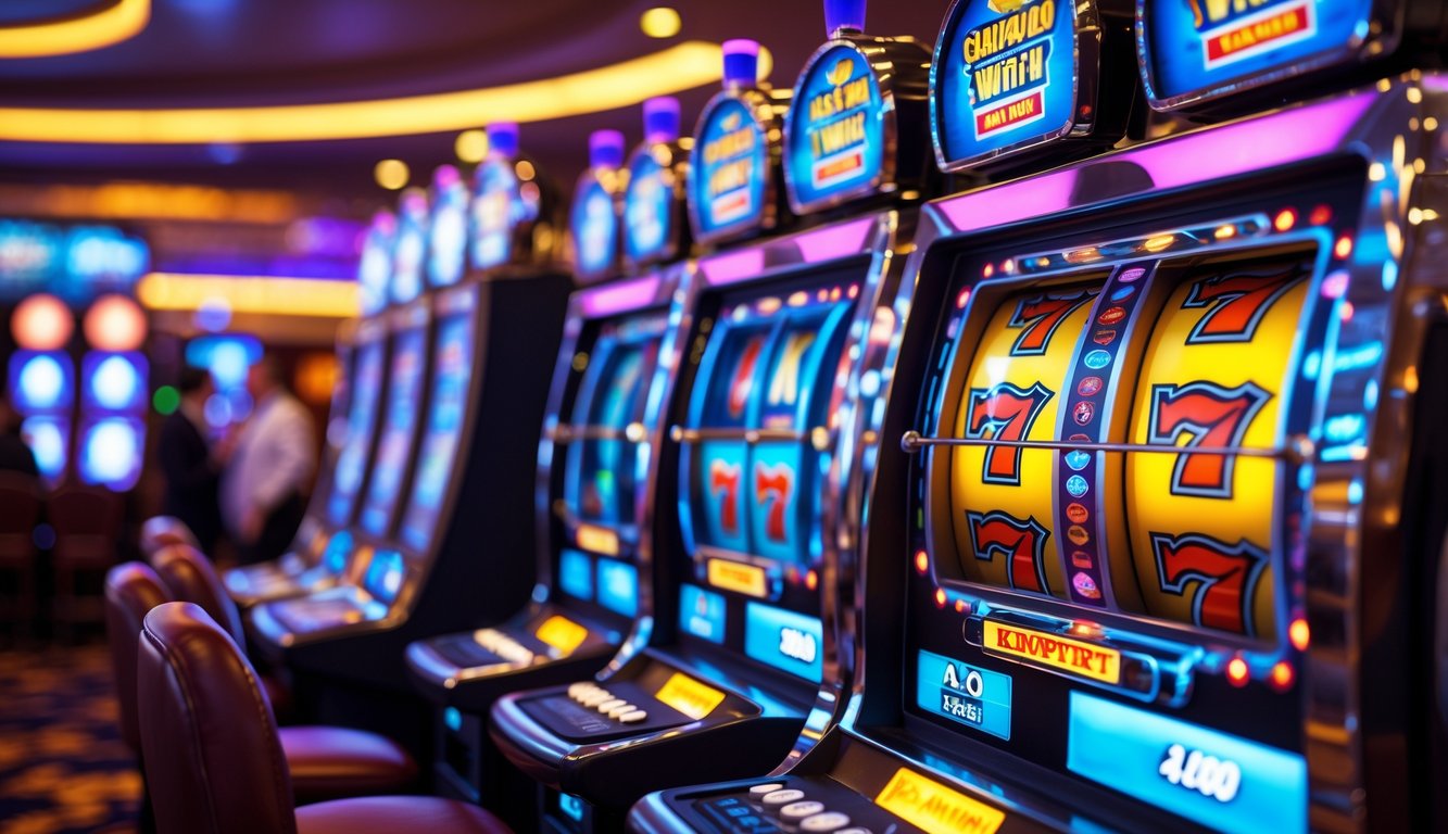 Mesin slot modern yang menyala dengan simbol kemenangan di layar, dikelilingi suasana kasino yang ramai dan penuh semangat.