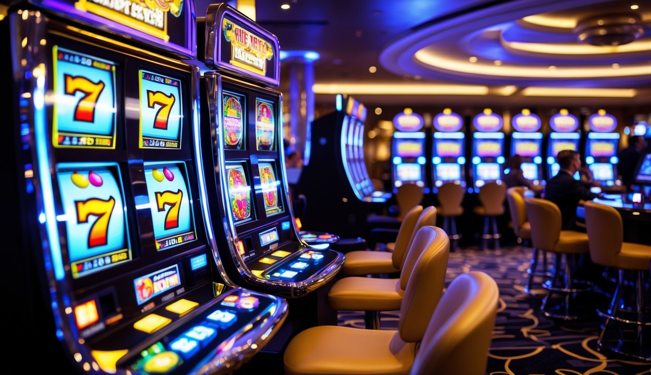 Suasana kasino modern dengan mesin slot yang menyala terang dan beberapa orang sedang bermain dengan santai.