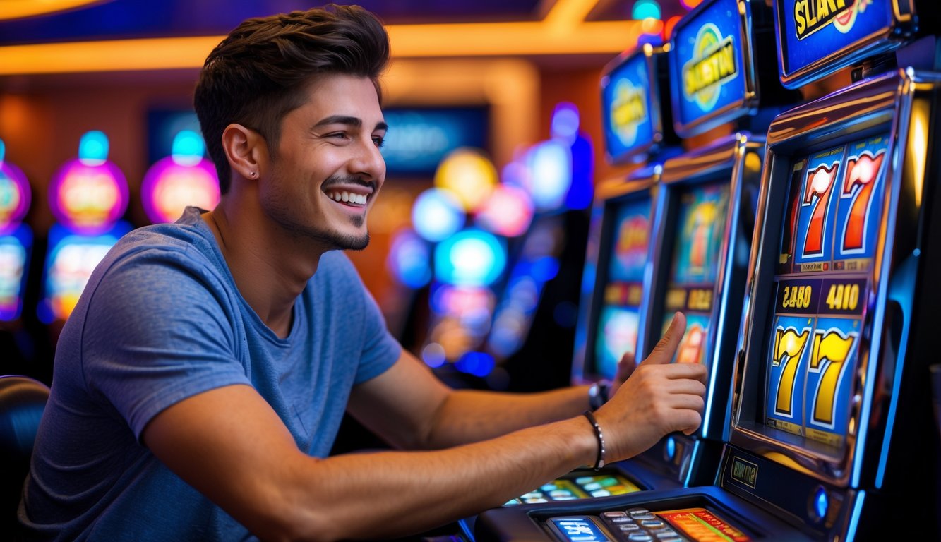 Seorang pria muda duduk di depan mesin slot di kasino dengan ekspresi senang dan fokus pada layar mesin.