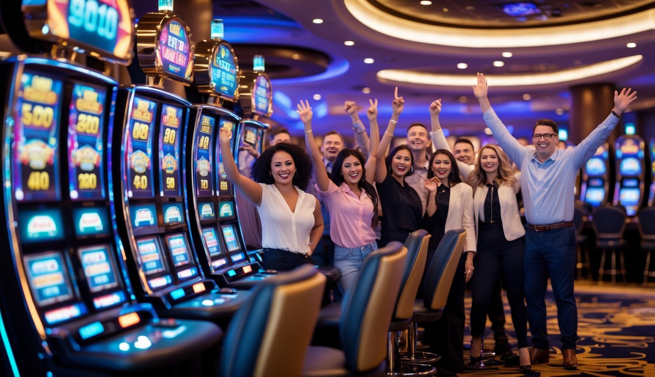Beberapa orang bermain mesin slot di kasino dengan ekspresi senang dan suasana yang meriah.