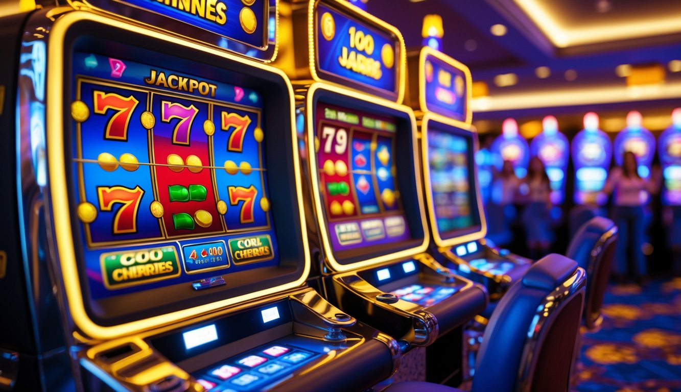 Beberapa mesin slot modern yang menyala dengan simbol jackpot dan suasana kasino yang ramai.