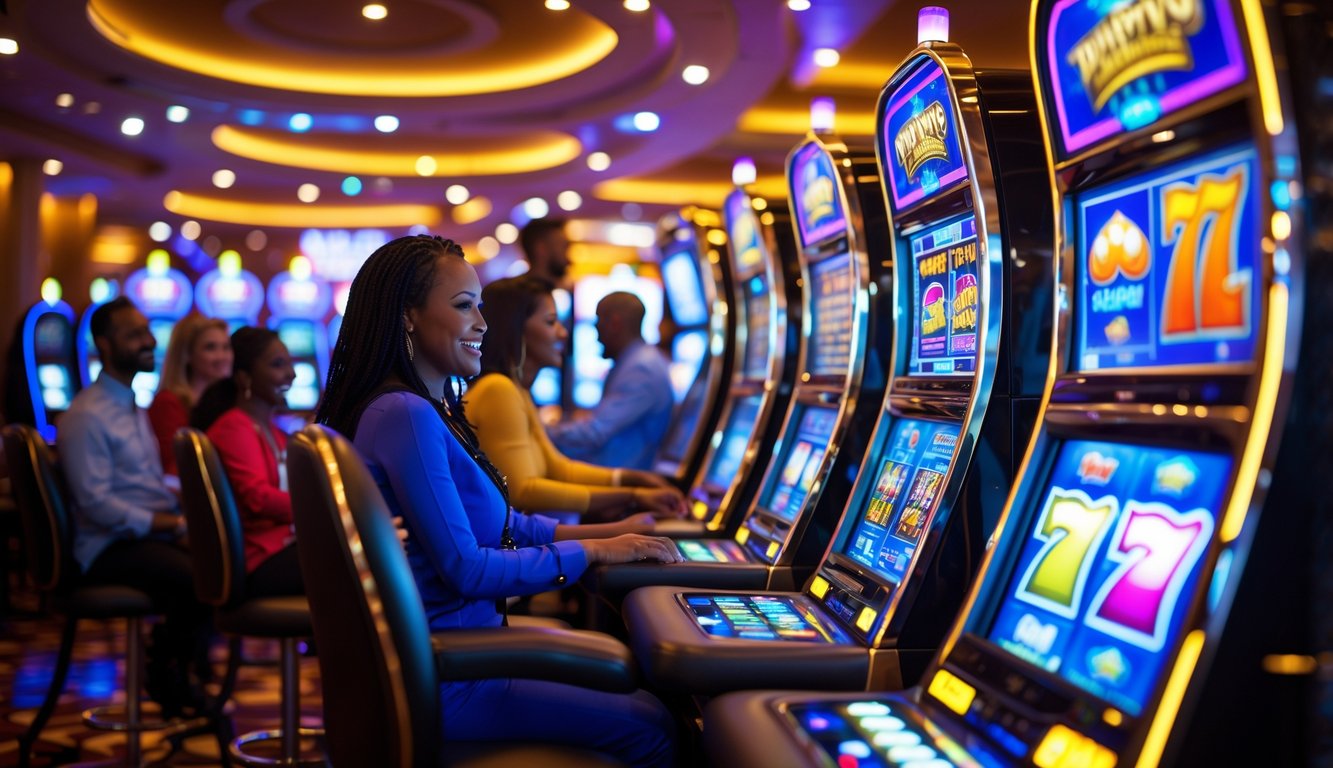 Suasana kasino modern dengan mesin slot menyala dan orang-orang bermain dengan antusias.