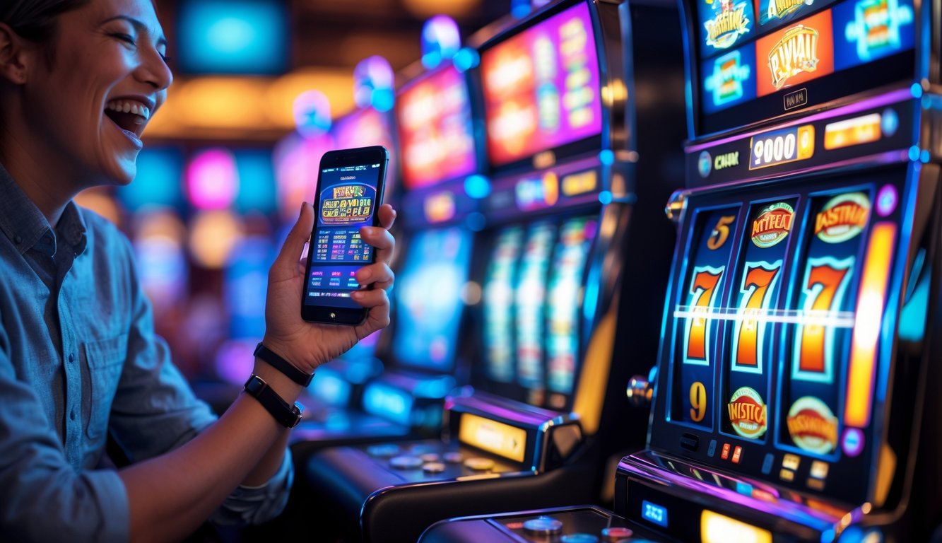 Seseorang tersenyum sambil memegang ponsel yang menampilkan permainan slot yang menang di dalam kasino.