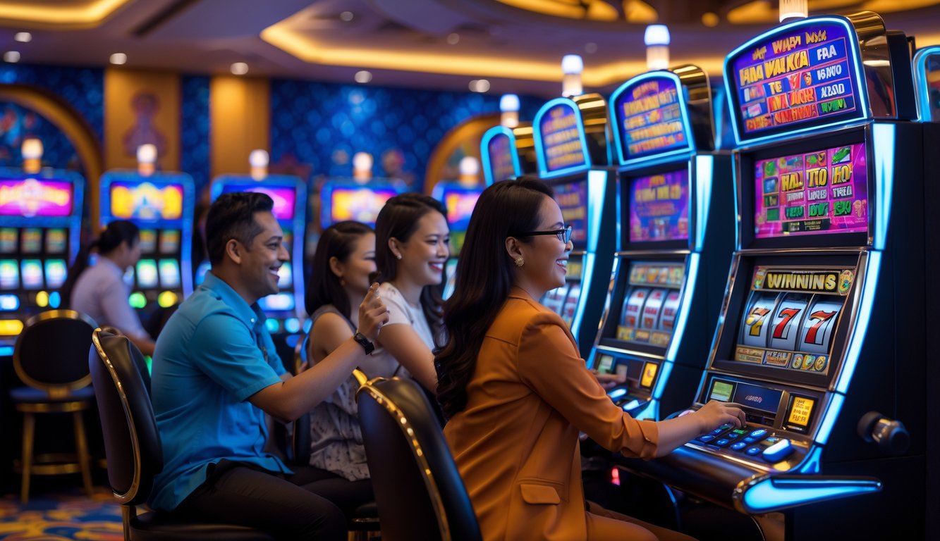 Orang-orang bermain mesin slot di dalam kasino yang terang dan modern dengan dekorasi bernuansa Indonesia.