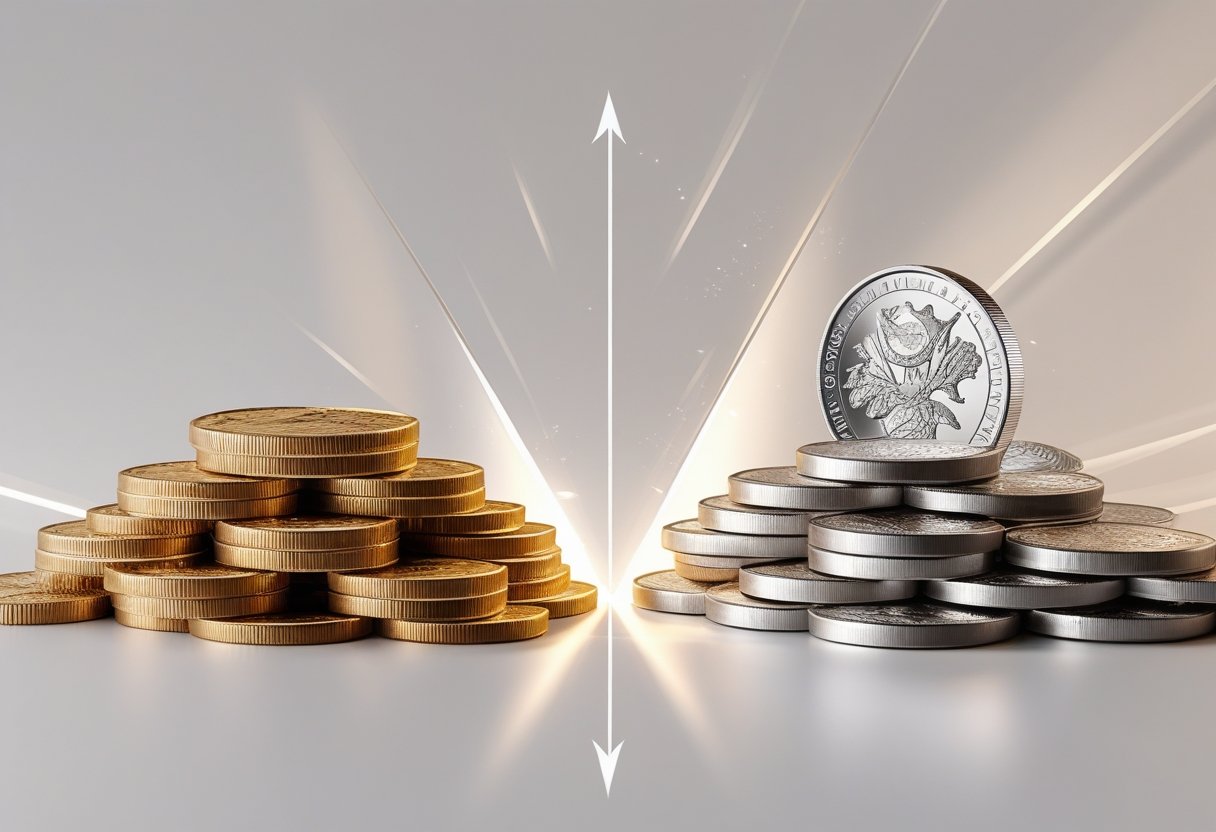 Two distinct piles of metal pieces on a neutral background, one showing traditional coins with ridged edges and emblems, the other showing smooth-edged rounds with artistic designs.