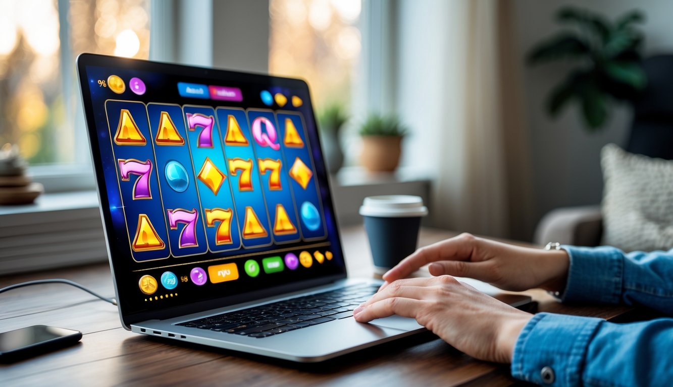 Seseorang sedang bermain permainan slot online di laptop di dalam ruangan yang nyaman.