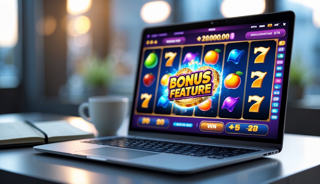 Layar laptop menampilkan permainan slot online dengan fitur bonus yang menonjol, di atas meja dengan suasana nyaman.
