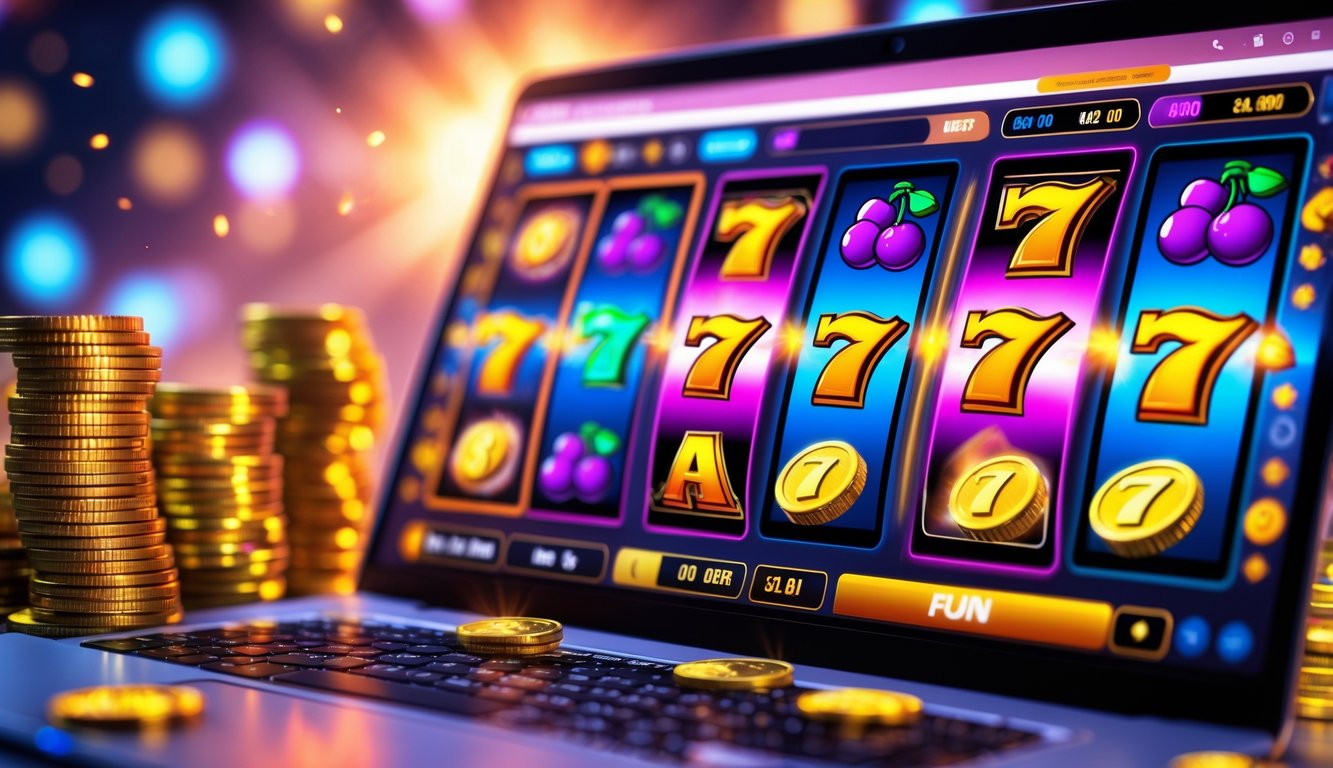 Sebuah komputer menampilkan layar permainan slot dengan simbol warna-warni dan koin di sekitarnya.